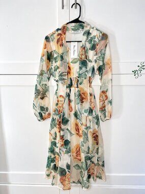 Fashion | Vintage Rose Floral Chiffon Midi Dress - Size Small